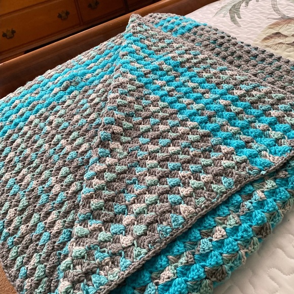 Cozy Handcrafted (By Mema) Crocheted Blanket - Gray and Blue acrylic yarn.